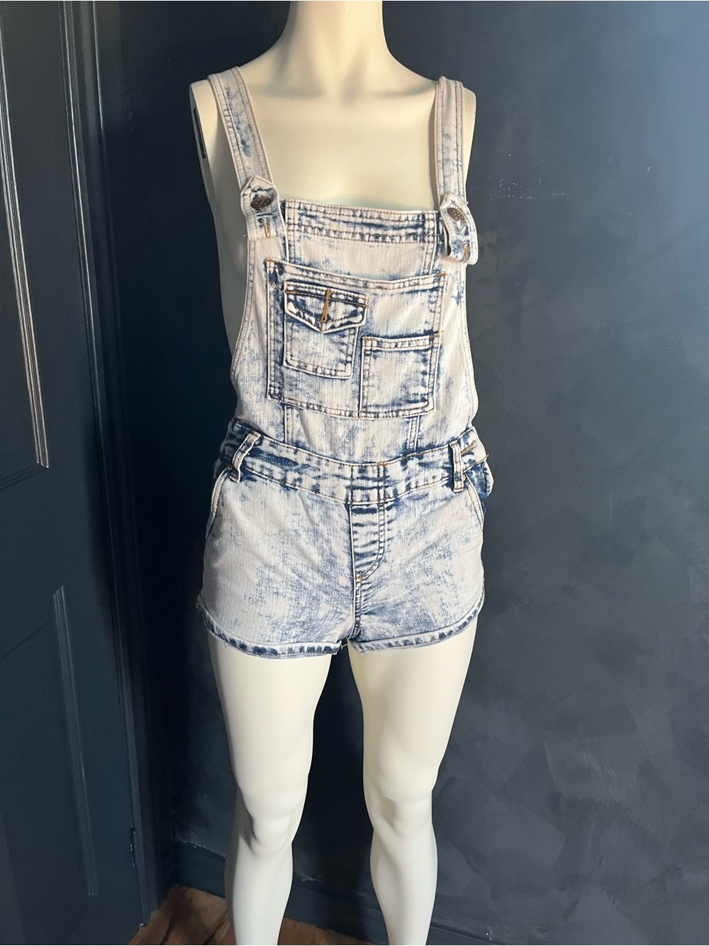 Washed Light Blue Denim Short Overalls for Women